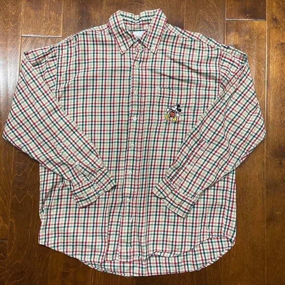 Disney Mickey Mouse Vintage Flannel Plaid Red Green Tan Button Down Shirt Large - Picture 2 of 8
